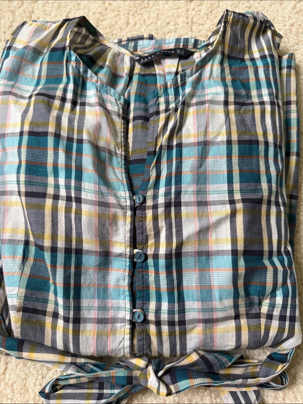 Zara!!!Size M Teal, Gray Plaid Button top100% cotton can be tie in front or back